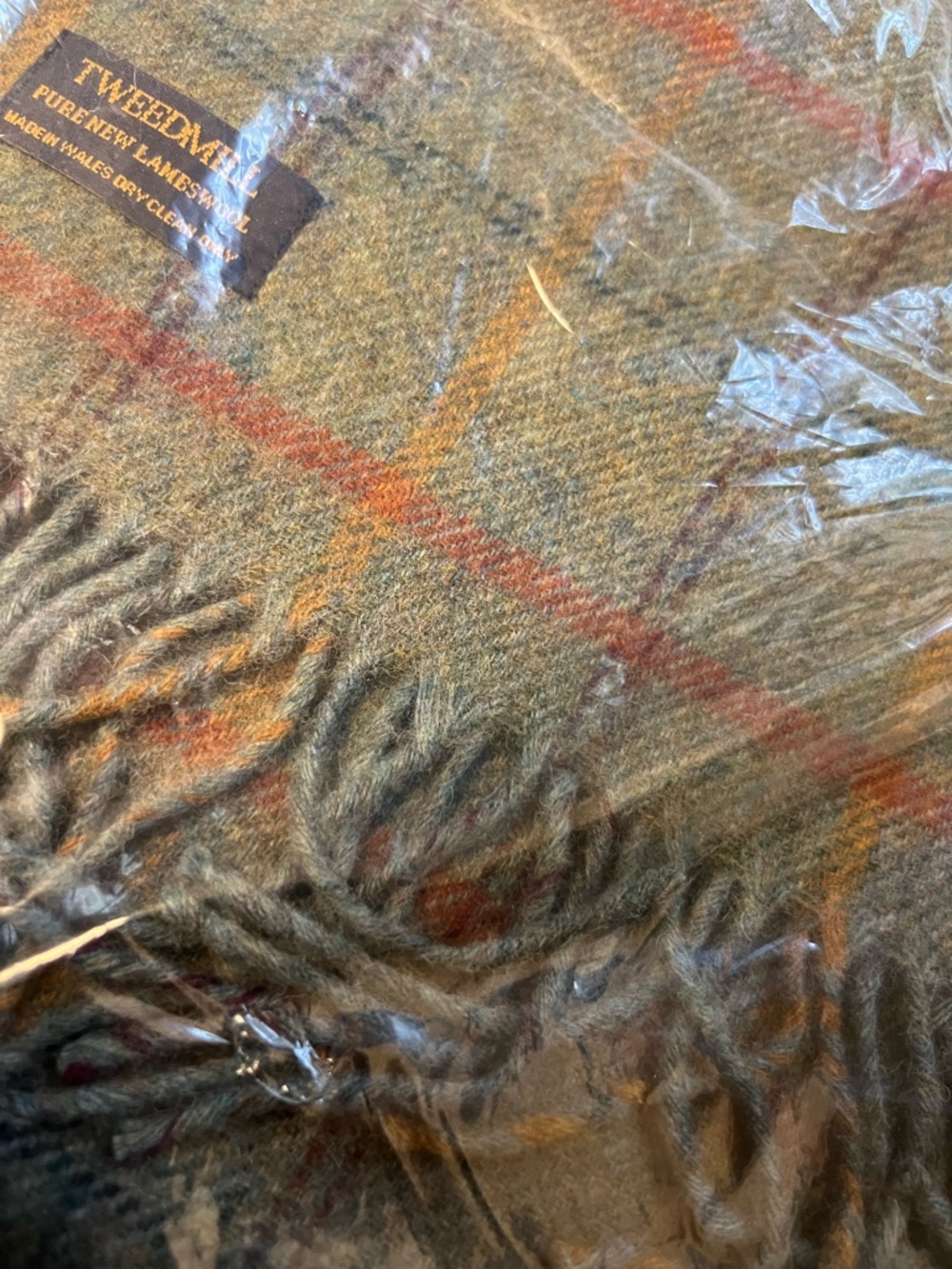 Birchwood Tweedmill Pure New Lambswool Plaid Fringe Scarf - Olive & Rust